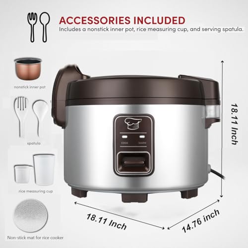 15.8QT Large Commercial rice cooker & warmer 84 cups cooked rice (Silver & Black / 84 Cups Cooked - Rice Warmer)