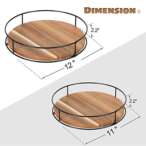2 Pack ] 11" & 12" Acacia Wood Lazy Susan Organizers with Steel Sides (2 Count)