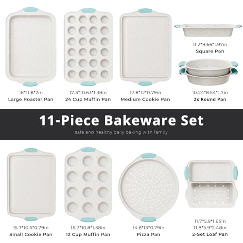 11-Piece Non-Toxic Bakeware Set – Nonstick, Stackable & Oven Safe Pans set (White&Blue)