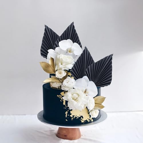 6Pcs Paper Palm Fan Cake Toppers Palm Spear Leaves Fan Cupcake Toppers Cake Insert Decorations Craft DIY Cake Bakeware Decoration for Birthday Party Wedding Party Decor Supplies Black (6 Count)