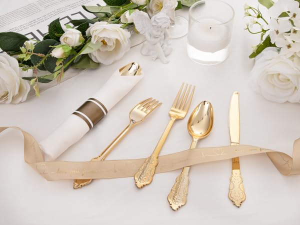 400PCS Gold Wrapped Silverware Disposable Fancy for Parties Weddings (Gold - Fancy)