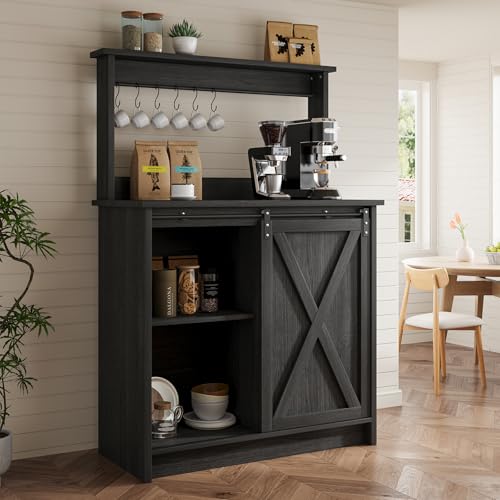 Farmhouse Coffee Bar Cabinet with Sliding Barn Door (31.5Inch / Grey)