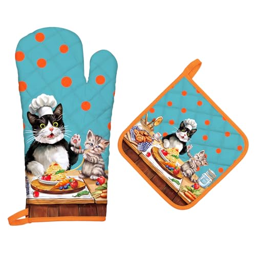 Cute Cat Oven Mitts and Pot Holders Set (Cat / Oven Mitt x1 & Pot Holder x1)