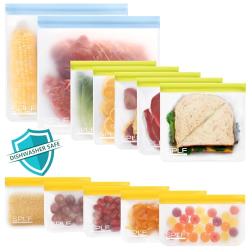 12 Pack Dishwasher Safe Reusable Freezer Bags (12 Pack-2 Gallon 5 Sandwich 5 Snack / Colorful)