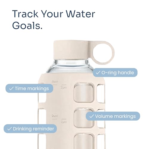 40oz / 32oz / 22oz / 12oz Borosilicate Glass Water Bottle with Time & Volume Markers, Silicone Sleeve, Stainless Steel Lid | Reusable Glass Bottle for Water & Juice (32oz Pearled Ivory) (Pearled Ivory (1 Count) / 32 Ounces)