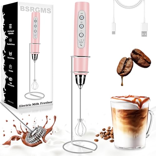 Milk Frother Wand Rechargeable Handheld Whisk Coffee 3 Speed Adjustable (Frother with stand / Pink)