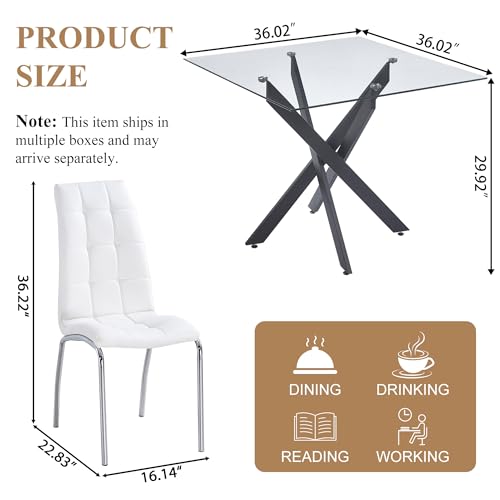 36” Square Glass Dining Table Set for 4 (Black Square Table/White Pu Chairs / 5 Pieces)