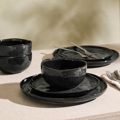 Mirella 12 Piece Stoneware Round Kitchen Dinnerware Set with Plates and Bowls (Charcoal / 12-Piece - Service for 4)