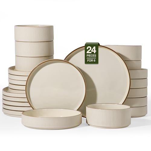 Stoneware Dinnerware Sets with Pasta Bowls (Cream / Service for 6 - Double Bowls)