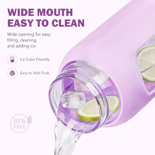 32 oz Glass Water Bottle with Straw and 2 Lids (Light Purple / 32 Ounces)