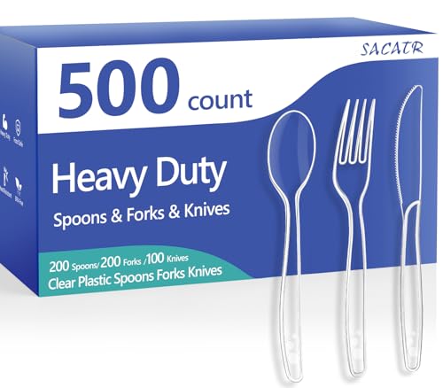 500 Count Clear Plastic Silverware Heavy Duty (Clear Spoons+Forks+Knives)