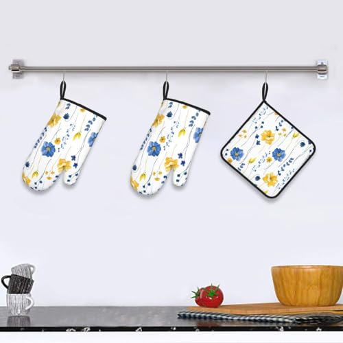 Navy Blue Yellow Flower Oven Mitts and Pot Holders Sets of 3 Watercolor Floral Decorative Hot Pads Heat Resistant Non Slip Washable for Cooking Grilling Baking BBQ Kitchen Decor (3 Count)