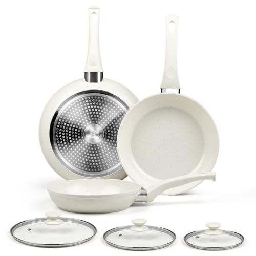 Nonstick Ceramic Frying Pans Skillets Set with Lid 8"+9.5"+11" (Cream White)