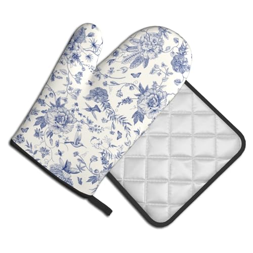 Chinoiserie Flower Oven Mitts and Pot Holder Blue Leaves Heat Resistant 2Pcs Washable Oven Gloves Hot Pads for Kitchen Baking Grilling BBQ (Chinoiserie Flower)