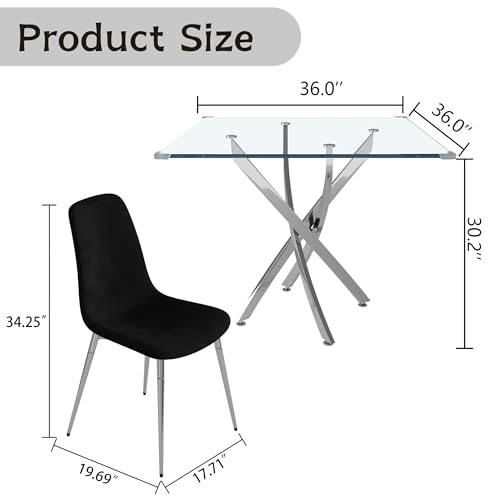 36" Square Glass Dining Table Set for 4 (Silver Square Table/Black Velvet Chairs / 5 Pieces)