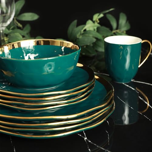 Florian Modern Porcelain 16 Piece Dinnerware Set (16-Pieces Service for 4 / Green with Gold Rim)