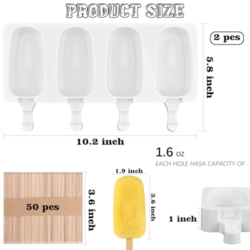 2 Pack 4 Cavity Popsicle Silicone Molds with 50 Wooden Sticks (2 Pcs Large - White)