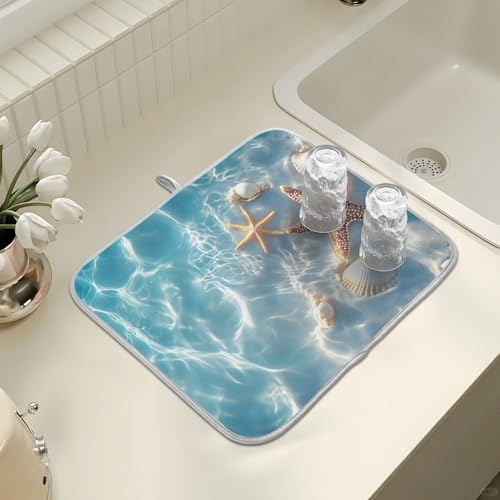 Starfish and Seashell on The Summer Beach Dish Drying Mat for Kitchen Counter Absorbent Microfiber Large Drying Pad Dish Mats for Kitchen Countertops 18 x 24 Inch (24" x 18")