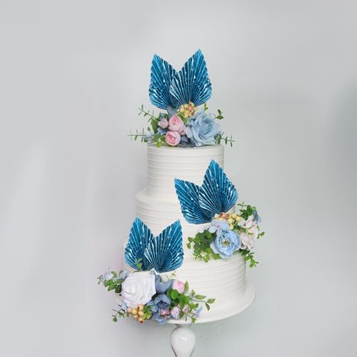 6Pcs Paper Palm Fan Cake Toppers Palm Spear Leaves Fan Cupcake Toppers Cake Insert Decorations Craft DIY Cake Bakeware Decoration for Birthday Party Wedding Party Decor Supplies Light Blue (6 Count)