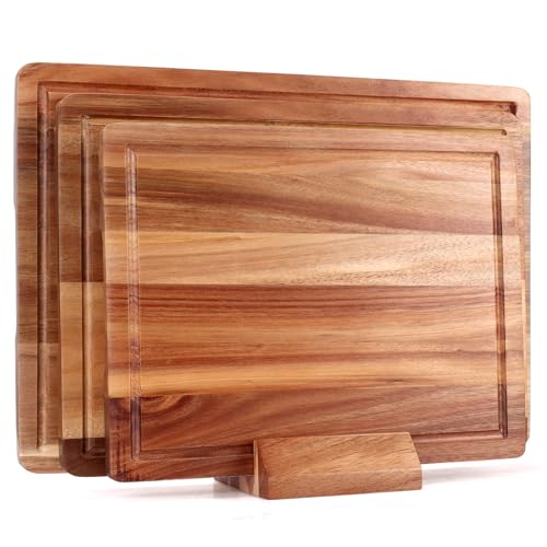 Extra Large Acacia Wood Cutting Board Set of 3 Wooden Chopping Board With Holder Fruit Cutting Boards Charcuterie Boards for Kitchen Bread Cheese Serving Board Meat Cutting Board Carving Board (Acacia Wood / 3-Piece Set: 17" x 12", 15" x 11", 13" x 10")