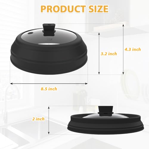 Microwave Splatter Cover Glass Splatter Guard Lid with Collapsible Silicone for Food Plate Covers 8.5 inch Black (Black / 8.5 inch)