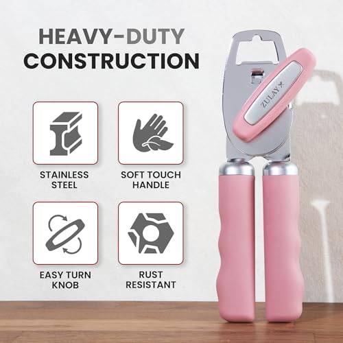 Manual Can Opener Heavy Duty Patented Stainless Steel (Pink / Comfy Grip)