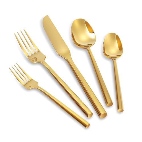 Gold Silverware Set with Hexagon Handle 20 Pieces Service for 4 (Gold / 20 Pcs)