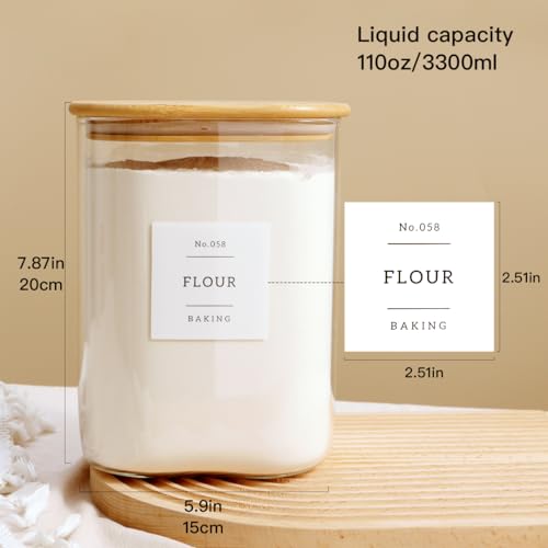 Large glass flour and sugar containers with 132 Kitchen Pantry Labels (110OZ)