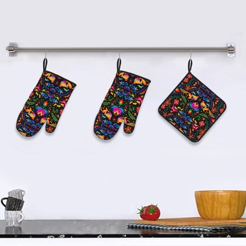 Mexican Floral Oven Mitts and Pot Holders Sets of 3 Colorful Flower (3 Count)