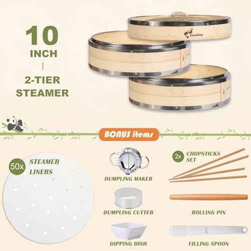 Bamboo Steamer Basket with Stainless Steel Rim 10 Inch Dumpling Steamer Kit (Bamboo Steamer / 10 Inch)