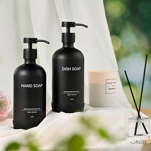 Glass Kitchen Soap Dispenser Set with Ceramic Tray (Black Bottles +Black Pumps)