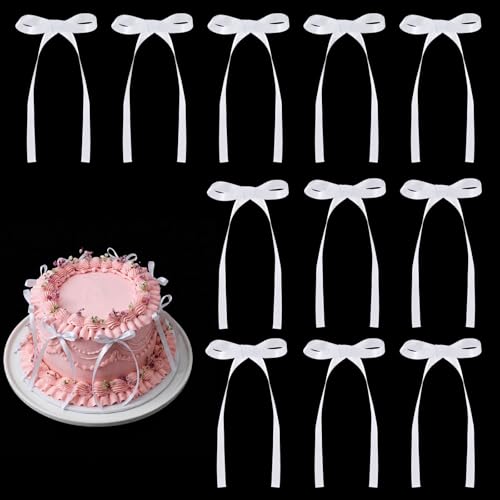 30 Pack Bow Cake Toppers White Ribbon Bows for Cake (White)