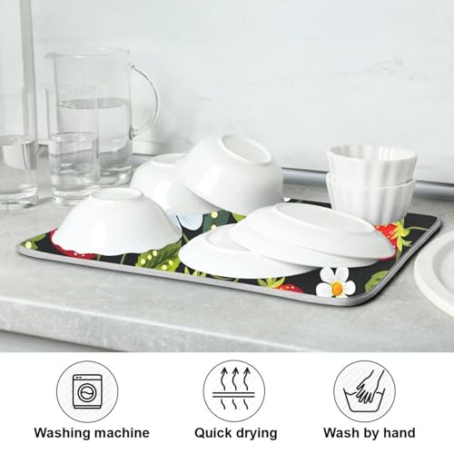 Strawberries White Flowers Dish Drying Mat for Kitchen Counter Absorbent Microfiber Drying Pad (18" x 18")