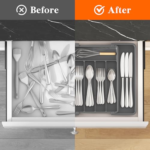 Expandable Silverware Drawer Organizer (Dark Gray / Medium Wide(8.5-14''W x 12''D))