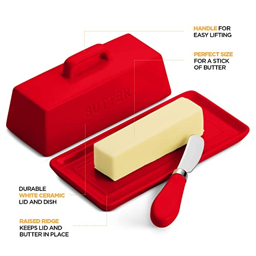 Ceramic Butter Dish Set with Lid and Knife (Red)