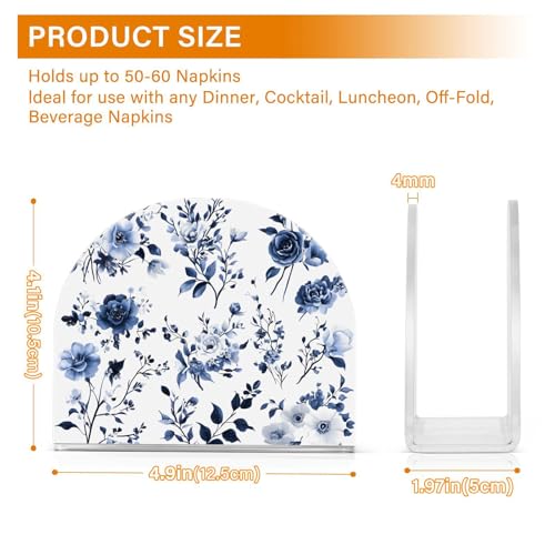 Blue White Porcelain Flower Napkin Holder for Table Paper Napkins Holder Acrylic Tissue Dispenser Kitchen Dining Room Bathroom Party Car Decor (NH065 / 4.1x4.9x1.97in)