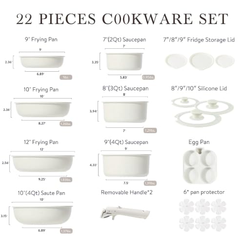 22pcs Pots and Pans Set Non Stick (Cream White / 22 Piece)