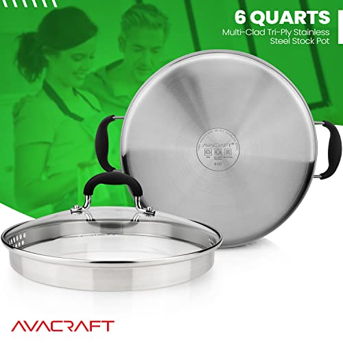 6 Quart Tri Ply Stainless Steel Stock Pot with Glass Strainer Lid (6 Quarts)