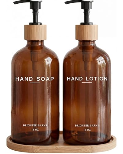 Amber Glass Soap and Lotion Dispenser Set with Tray by Brighter Barns (Amber Sl)