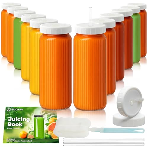 12pack Stripe 16oz Glass Juice Bottles with Lids & Straws & Juicing Recipe (Transparent with Stripe / 16oz-12pack)