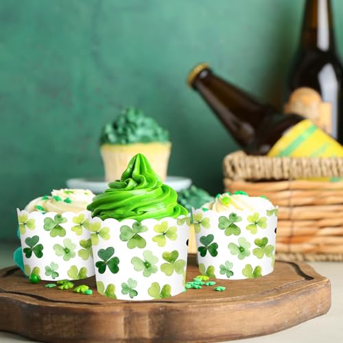 100Pcs St. Patrick's Day Paper Baking Cups Cupcake Wrappers Watercolor Green Shamrock Clover Scalloped Edge Cupcake Muffin Cases for Irish Dessert Decoration (Watercolor Clover)