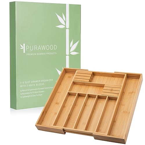 Bamboo Drawer Organizer with Knife Blocks (Natural / 9 Slot)
