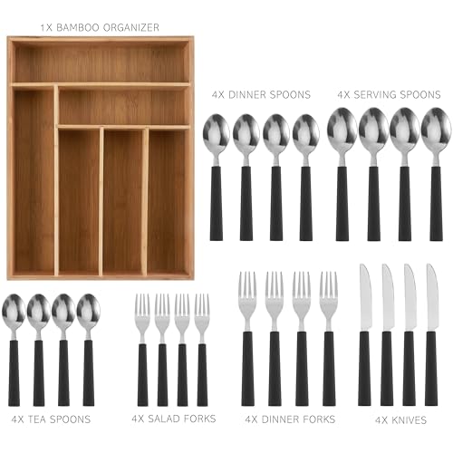 Bamboo Kitchen Utensil Set with Drawer Organizer (Black / 25 Piece Cutlery Set)
