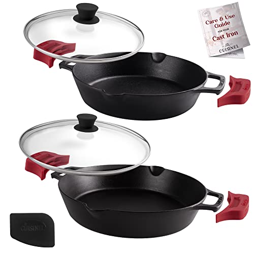 Cast Iron Skillet Set (Dual Handle Skillet + Glass Lid / 10"+12")
