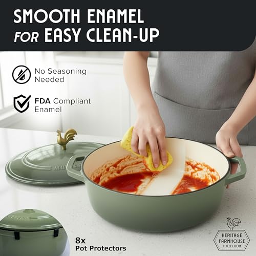 MUELLER HOME 5.5 Quart Enameled Cast Iron Oval Dutch Oven w Rooster Knob & Cotton Potholders (5.5 Quart -Oval / Thyme Green)