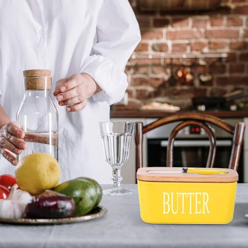 Ceramic Butter Dish with Bamboo Lid and Stainless Steel Knife Spreader