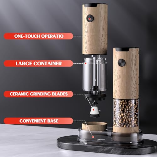 Electric Salt and Pepper Grinder Set Automatic Battery Pepper Mill Shakers Adjustable Coarseness Upgraded Larger Capacity with Led Home and Kitchen Appliances Birthday Gifts for Women Mom (Wood Grain)