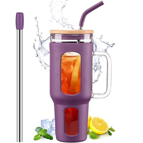 Glass Tumbler with Lid and Straw (Dark Purple / 46 Ounces)