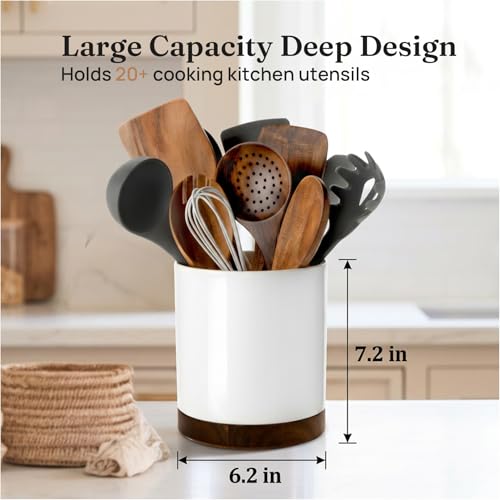 Ceramic Rotating Utensil Holder for Countertop Kitchen Organizer White (White)