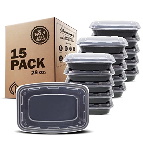 Meal Prep Containers [15 Pack] 1 Compartment Food Storage Containers with Lids (Black / 1-COMP-28OZ-15PK)